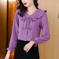 Elegantes Camisas y Blusas Francesas para Mujer Top de Manga Larga con Cuello en V y Volantes - details 5