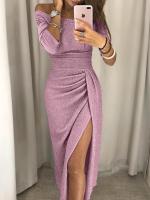 BUNO-Vestido de moda informal para mujer, vestido largo de fiesta de noche ajustado de manga larga con hombros descubiertos para mujer Vestidos de tubo divididos asimétricos - details 7