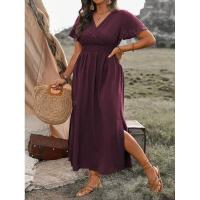 Vestido largo de verano 2024 de color sólido con cuello en V, manga acampanada, cintura elástica, adelgazante y con abertura. - details 22