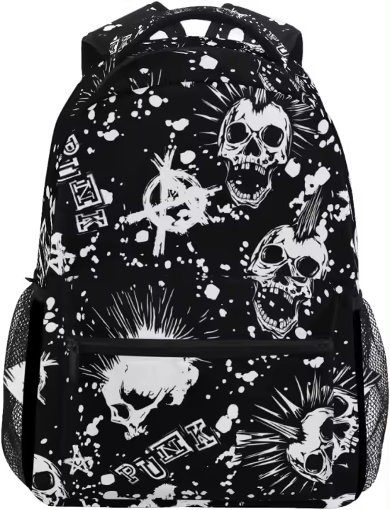Mochilas Vintage blancas Punk Skull Mohawk Hair para mujeres, niñas, hombres, niños y adolescentes, mochilas de viaje, bolsa universitaria para la escuela - 1
