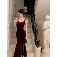 Vestido de Terciopelo Rojo de Alta Gama Estilo Francés para Mujeres en Otoño-Invierno - details 2