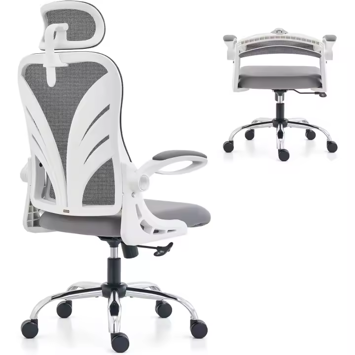 Silla de Oficina Ergonómica con Respaldo Plegable, con Reposabrazos, Reposacabezas 2D y Soporte Lumbar de Malla, Giratoria Ejecutiva para Computadora, Blanco - 1