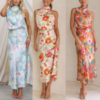 BUNO-2024 nuevo vestido de satén estampado de tiras sin mangas para mujeres ligeras y maduras, vestidos de fiesta elegantes, vestidos casuales para mujeres. - details 1