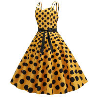 Vestido midi retro de fiesta con estampado de lunares, tirantes finos y cinturón para mujer - details 17