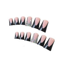 24 Uds., punta de uña de pico de pato francés con diamantes de imitación, uñas artificiales de resina negra desnuda para decoración de manos - details 4