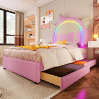 Cama tapizada, 90 x 200 cm, sin colchón, con tira de luz, cama con 2 cajones, forma unicornio, PU, rosa - details 7