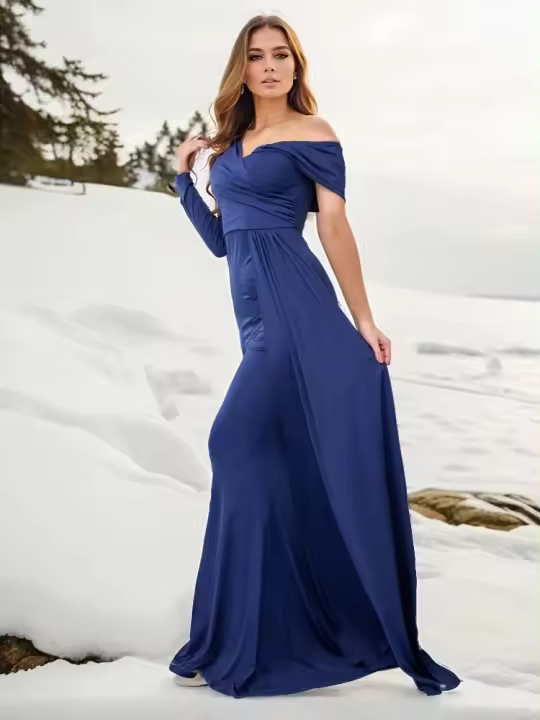 Elegante vestido de noche de un hombro, manga larga, hombros descubiertos, elástico, hasta el suelo, formal, blanco, azul marino - 1
