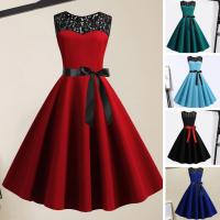Vestido de Navidad rojo de encaje para mujer, ropa de manga corta Swing, disfraces de Navidad, vestidos de fiesta, bata Vintage, 2024 - details 1