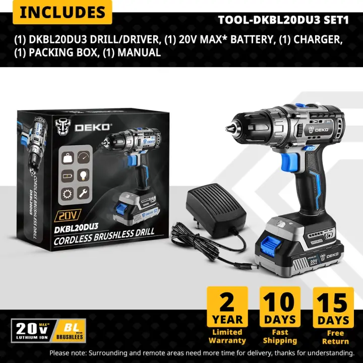 DEKO Kit Combinado de Taladro Inalámbrico, Destornillador Eléctrico, Llave de Impacto sin Escobillas, 20V - 1