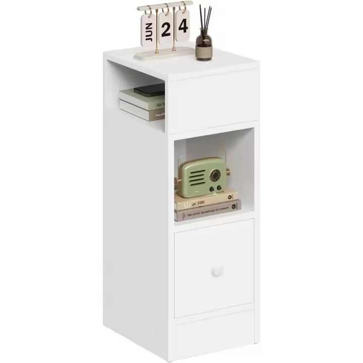 Mesa de Noche Estrecha Moderna Estilo de Madera Alta con Cajón 25x30x66cm Blanco 0179ZZ-2 - 1