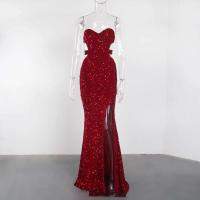 Vestido de noche sin mangas con abertura y lentejuelas elásticas brillantes para fiesta, sin tirantes, hasta el suelo, sin espalda acolchada - details 4