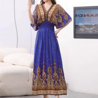 Casual bohemio estilo nacional con cuello en V cintura elástica gran Swing impreso verano Falda larga mujer vestido ropa - details 18