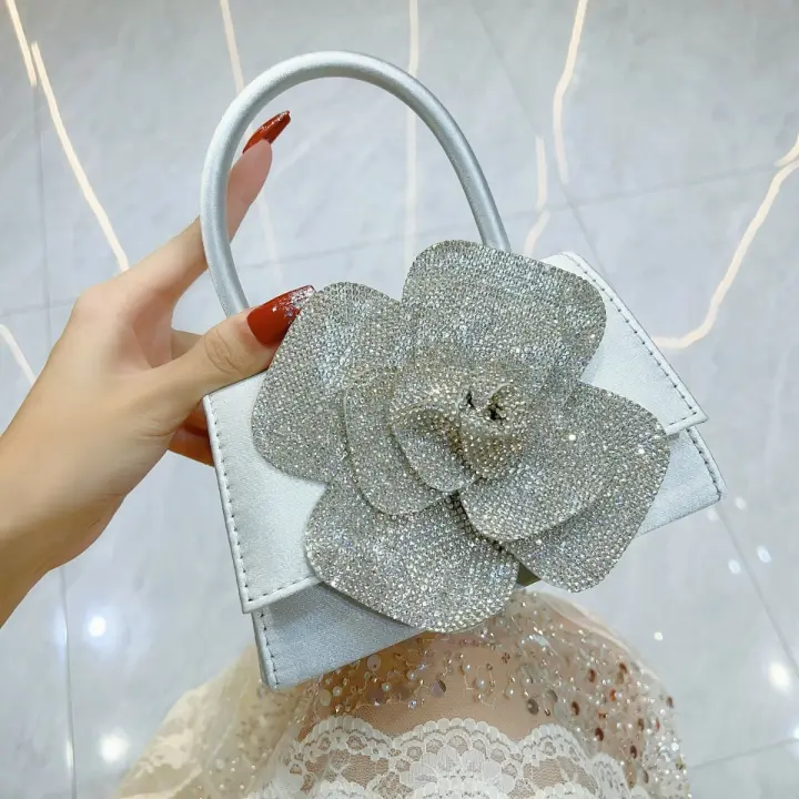 Nuevos bolsos de mujer Celebridad diamantes de imitación brillantes flores rosas Bolso cuadrado pequeño Bolso de banquete Bolso bandolera Bolso de cena - 1
