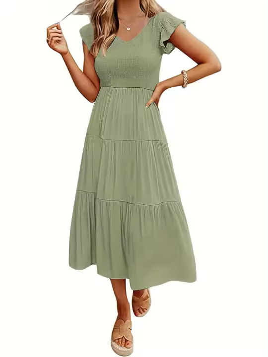 2025 Primavera/Verano TEMU nuevo vestido de manga voladora con cuello en V para mujer - 1