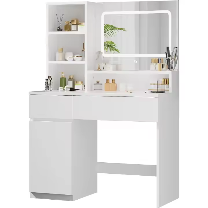 Tocador de Maquillaje Moderno con Espejo Grande y Luces LED Brillo Ajustable, 3 Estante Abiertos, 2 Cajones y Armario Lateral Ideal para Dormitorio Blanco - 1