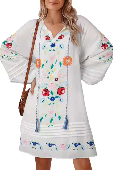 Elrachen Mini vestido bohemio con estampado floral para mujer con lazo de borlas y mangas abullonadas, blanco, tallas S-XL - 1