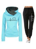 Conjunto De Ropa De Mujer Con Capucha Doble Y Estampado De Corazón 2 Piezas Camiseta De Manga Larga Y Pantalones Casuales Para Otoño E Invierno - details 1
