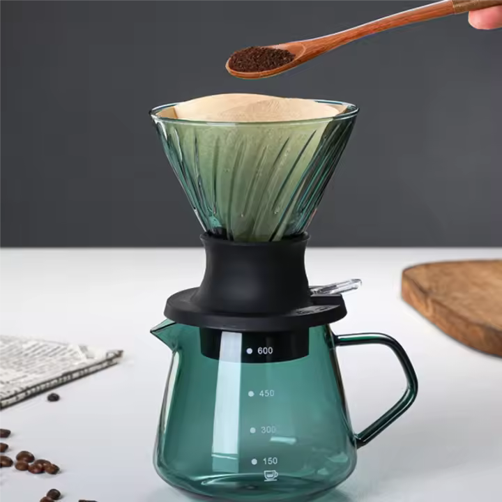 Gotero de inmersión con interruptor de vidrio para cafetera V60, gotero de café por goteo en forma de V, filtros transparentes, 600ML - 1