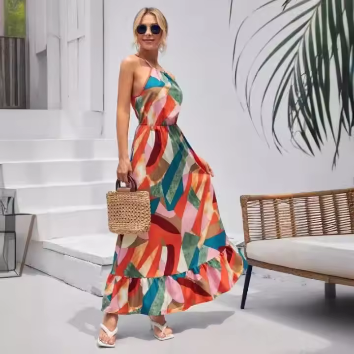 Novedad de verano, falda para mujer, vestido largo estampado con vuelo grande sin mangas y cuello colgante - 1