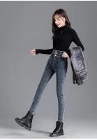 Pantalones vaqueros térmicos de lana gruesa para mujer, Vaqueros ajustados cálidos de cintura alta, pantalones pitillo con botones elásticos, pantalones vaqueros informales de terciopelo para mamá - details 14