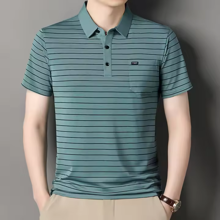 Novedad de verano, camiseta de manga corta para hombre, moda a rayas, solapa informal, bolsillo real, polo para mediana edad y ancianos - 1