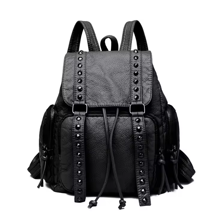 Mochila De Cuero lavado con remaches de moda, mochila de viaje informal de cuero suave de PU retro, mochila de gran capacidad - 1