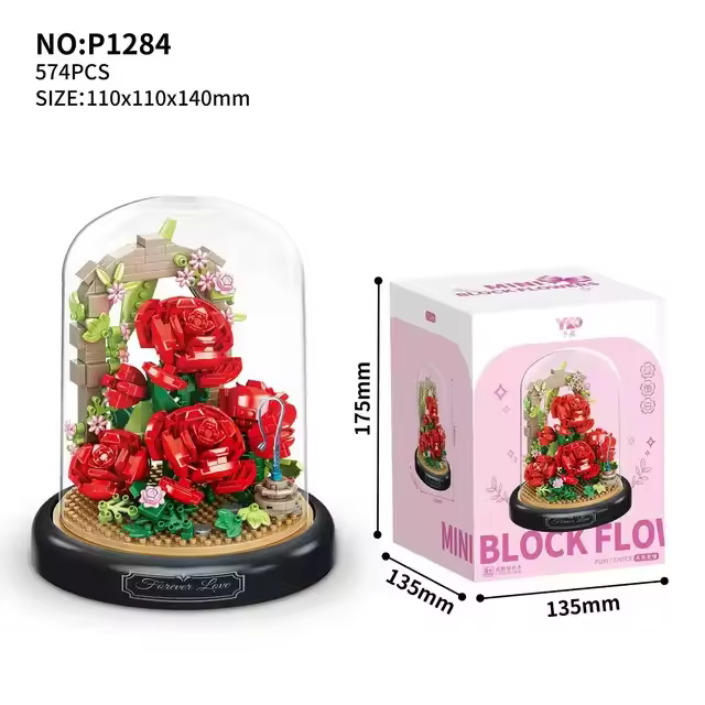 Modelo de bloque de construcción de ramo de rosas, bonsái eterno, cubierta de polvo, planta de micropartículas, adorno para adultos, juguete para niños, regalo - 1