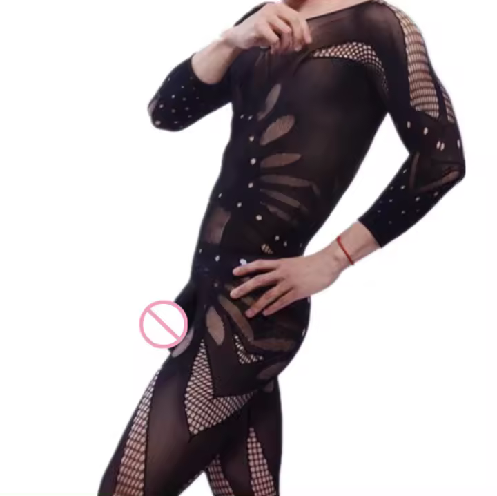 Ropa interior de caballero, novedad, Body masculino, ropa de rejilla de una pieza, mono divertido para hombre, lencería Sexy, ropa de dormir Sissy para hombre, negro - 1