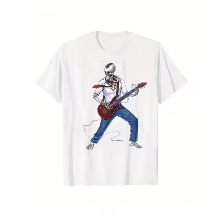 Moda Camiseta de Guitarra Guy Estampado de Esqueleto Feliz Manga Corta Algodón - 1