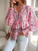 Blusa camisa floral rosa para mujer, top suelto de manga larga, ropa de calle, traje de oficina, ropa de mujer para otoño y primavera - details 5