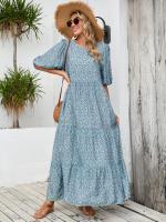 Nuevo estilo suelto cuello redondo vestido de manga media falda larga floral casual retro - details 3