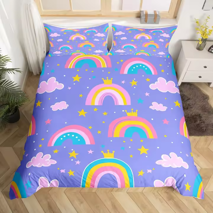 Funda de Edredón de Arcoíris Dibujada a Mano 3PCS Polyester Juego de Cama Kawaii con Corona de Niña y Corazones de Amor - 1