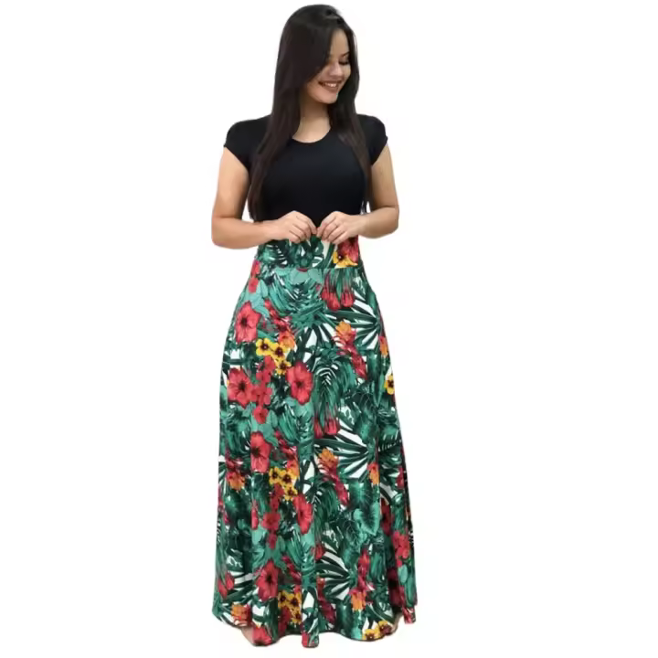 Vestido de talla grande de manga corta a juego con estampado de flores de viento para mujer - 1
