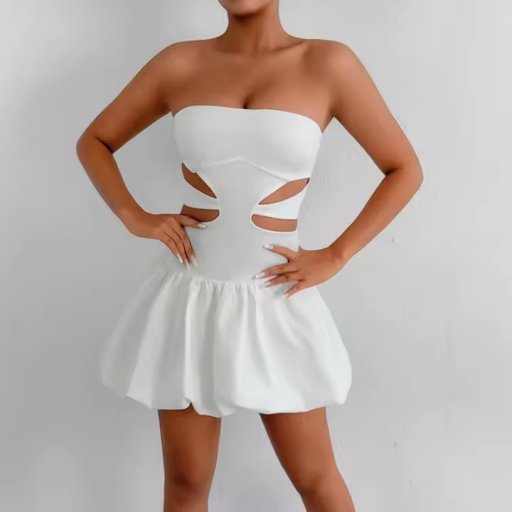 Gran oferta de primavera, nuevo vestido corto calado para mujer, Sexy, a la moda, sin hombros, sin mangas, ajustado, Top de tubo - 1