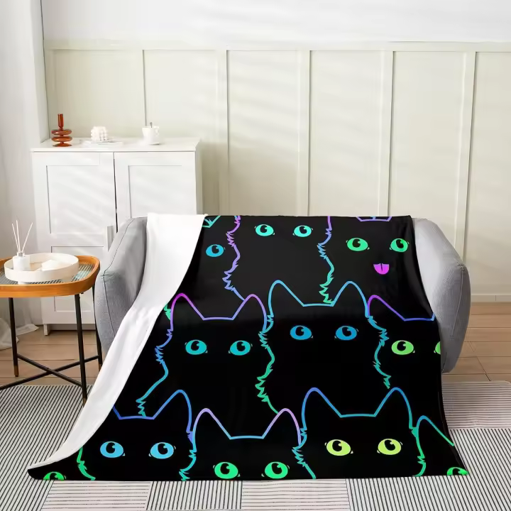 Manta de forro polar con diseño de gato de dibujos animados para niños, manta difusa con tema de animales en 3D para sofá cama, manta de cama para gatos para todas las estaciones, manta de felpa con estampado de gatito lindo y transpirable, decoración de - 1