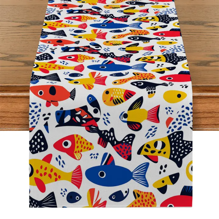 Geometría de peces, abre el océano, decoración de tocador para cocina, camino de mesa para fiesta, comedor, tela larga lavable - 1
