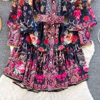Minivestido playero de verano para mujer, Vestido holgado de gasa con mangas largas acampanadas y cinturón con estampado Vintage, con cordones, 6259 - details 5
