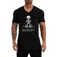 Human Skeleton Deadlift Barbell Gym Cotton V-Neck Short Sleeve T-shirts Mens Summer Breathable Slim Fit Casual Sports T Shirts - details 2