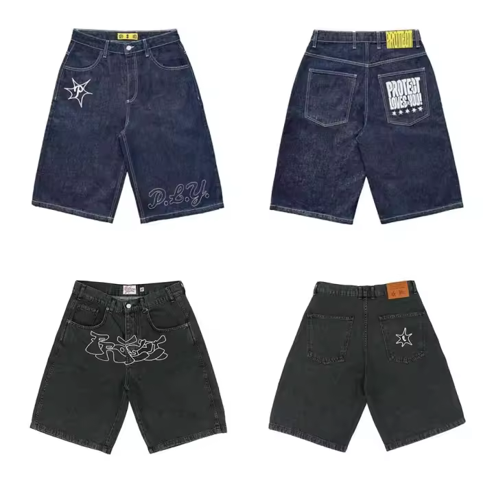 Pantalones Cortos Hip Hop para Hombres Y2K Haruku Jeans Sueltos de Cintura Alta, Bordados, Estilo Retro, Negro, Gimnasio, Punk Rock - 1