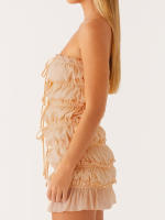 Vestido sin tirantes fruncido para mujer, con cordón y pajarita en la parte delantera, sólido, ajustado, tubo, mini vestido para verano y primavera - details 5