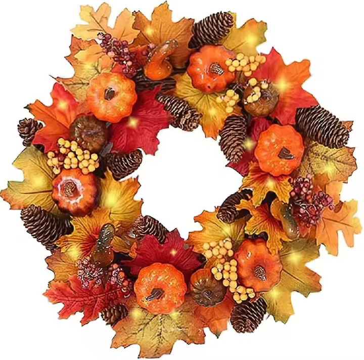 Guirnalda de flores artificiales para puerta delantera, corona de otoño con luz Led, hoja de arce, calabaza y bayas, 40cm - 1