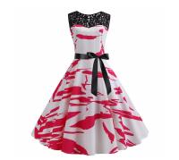 Lace patchwork summer women a line elegant vintage party dress with belt - details 40