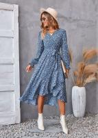 Elegante Vestido Midi de Moda Retro Cuello en V Floral Largo Mango para Mujeres - details 26