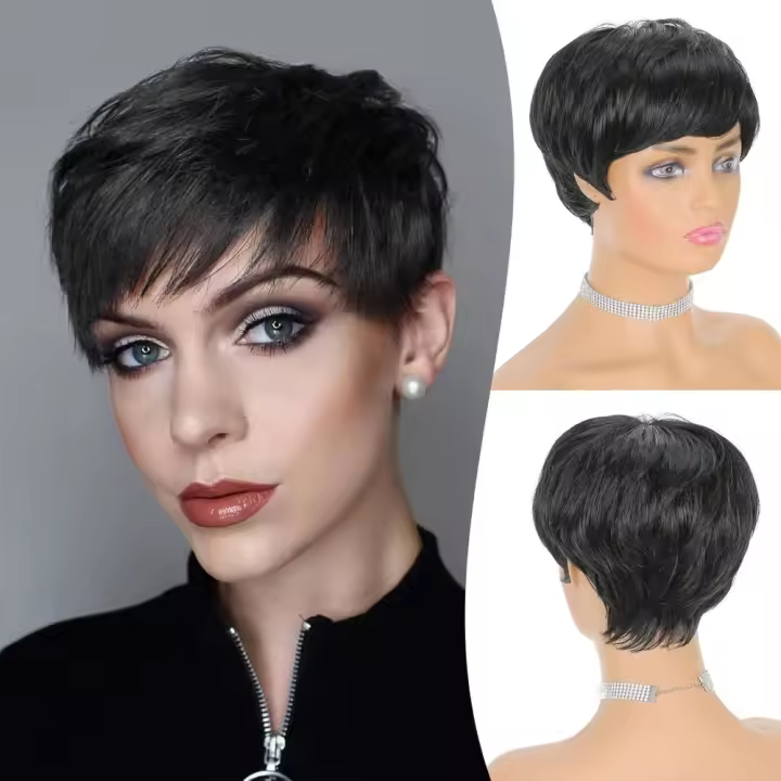 Pelucas sintéticas cortas de corte Pixie, peluca en capas de pelo Bob con parte lateral y flequillo esponjoso, extensión de cabello Natural para mujer, pelucas rectas para uso diario - 1