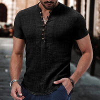 Blusa de lino para hombre, camiseta informal de manga corta con cuello Henley, talla grande, negro, blanco, gris, vino, rojo, beige - details 3