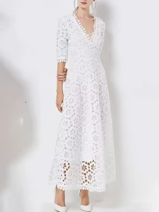 Vestido elegante Maxi Blanco VGH Escote en V, manga alta, corte en cintura, slim - 1