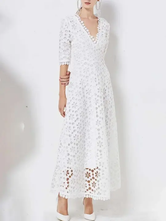 Elegante Vestido Maxi Blanco VGH Cuello en V, Manga Alta, Cintura Recortada, Adelgazante - 1