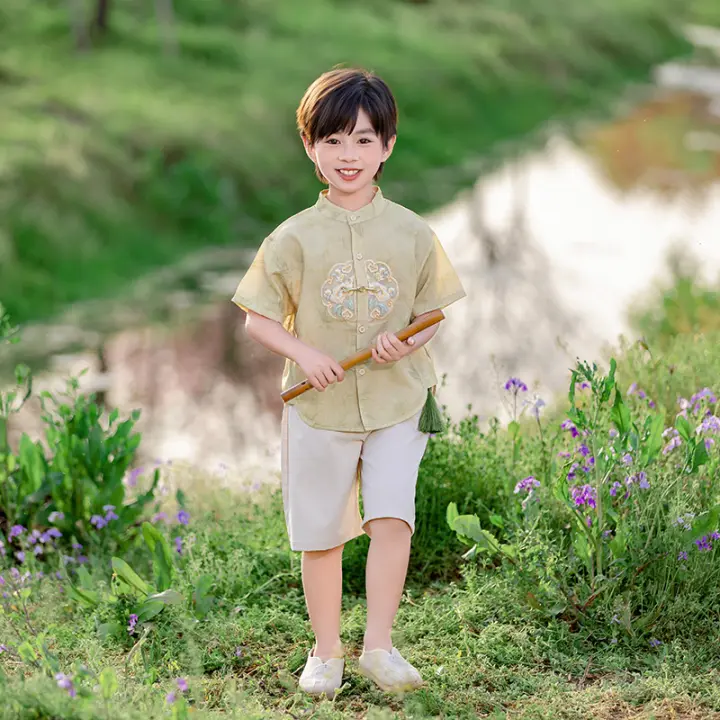 Hanfu para niños, joven maestro y Tang para niñas, novedad de verano 2025, reloj de estilo chino, disfraz de actuación, conjunto de dos piezas - 1