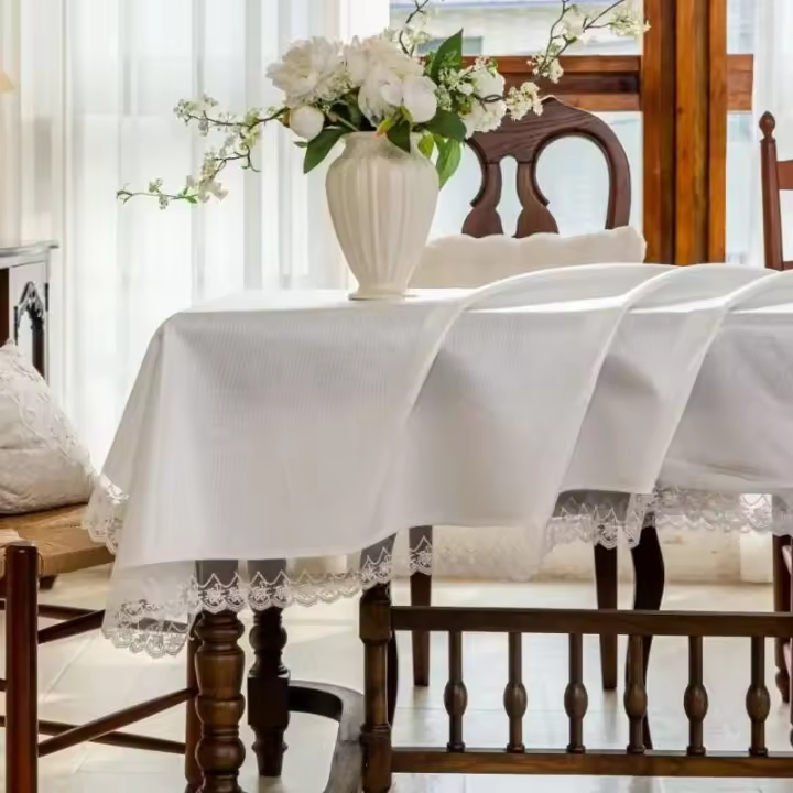 Mantel rectangular de poliéster blanco impermeable, resistente a la suciedad y al aceite que cubre la cocina del hogar con decoración ENCE - 1
