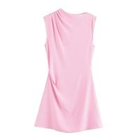Vestido corto de verano rosa simplicidad con cuello redondo material de poliéster moda para mujer - details 1